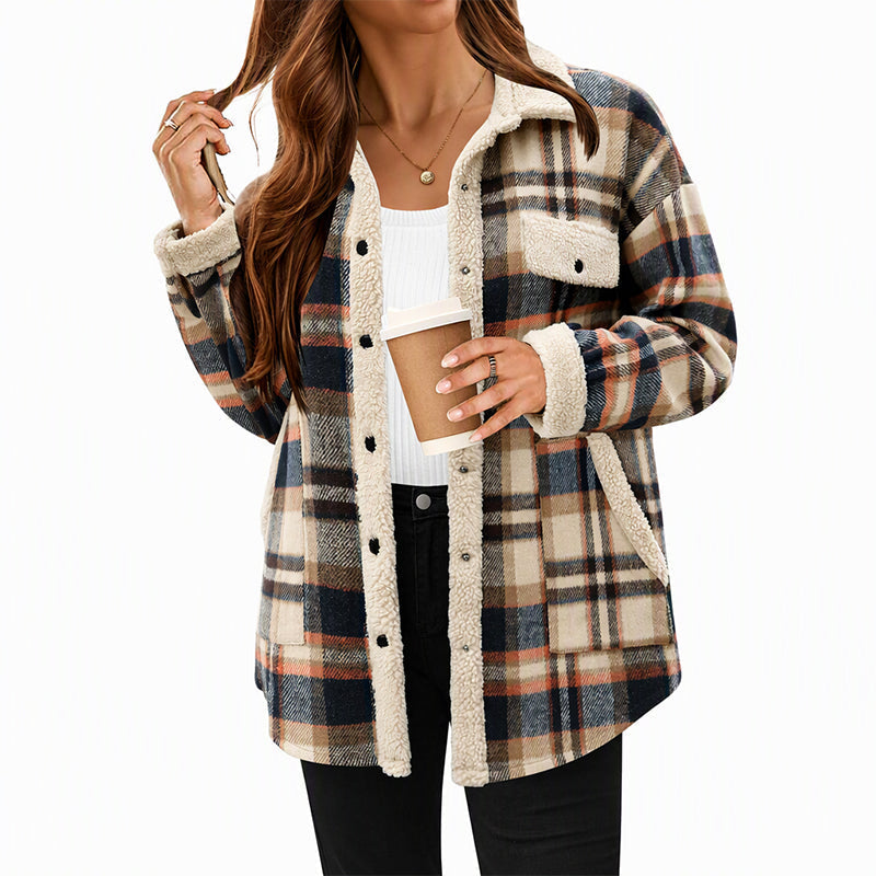 ✨ Women's Casual Outerwear with Color-Blocked Plaid Pattern