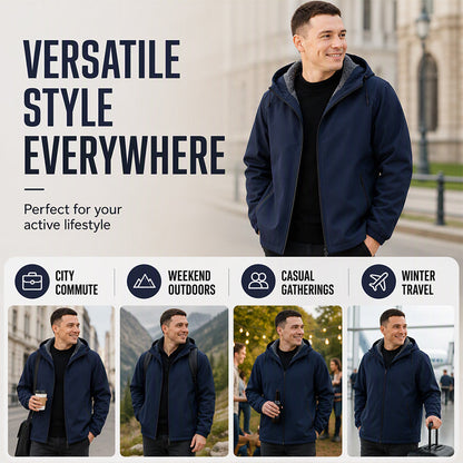 Men's Windproof Plush-Lined Hooded Jacket