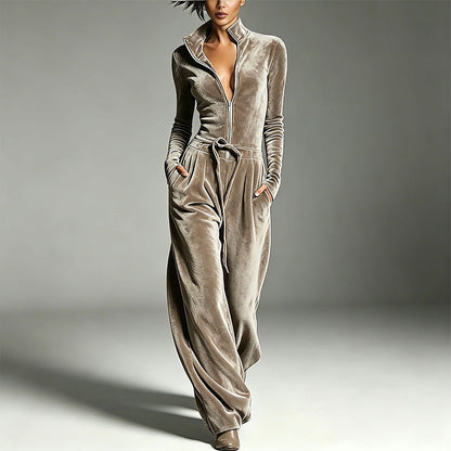 Women's Chic Stand Collar Velvet Jumpsuit