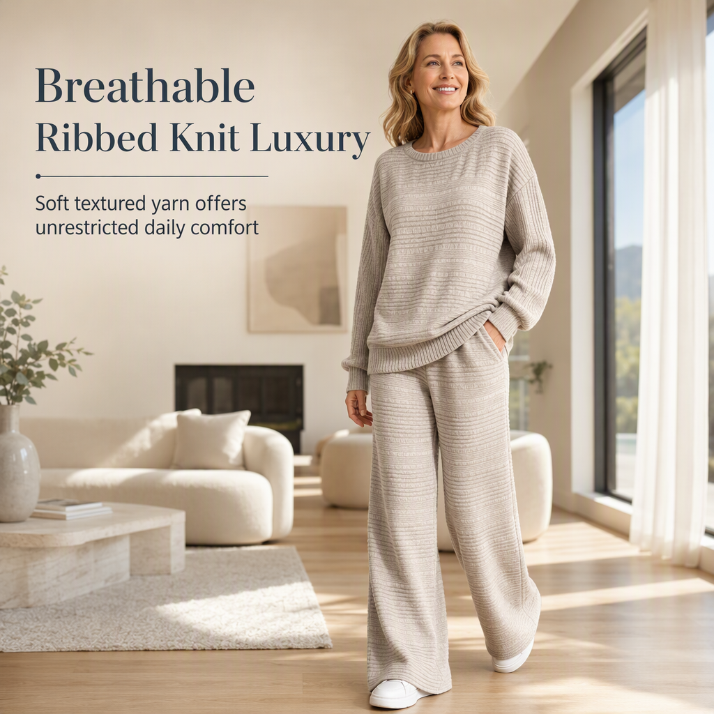 ⚡🌸Women's Autumn Winter Ribbed Knit Two Piece Set Casual Long Sleeve Top and Wide Leg Pants