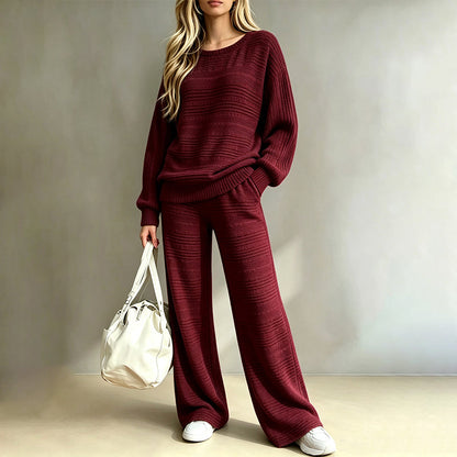 ⚡🌸Women's Autumn Winter Ribbed Knit Two Piece Set Casual Long Sleeve Top and Wide Leg Pants