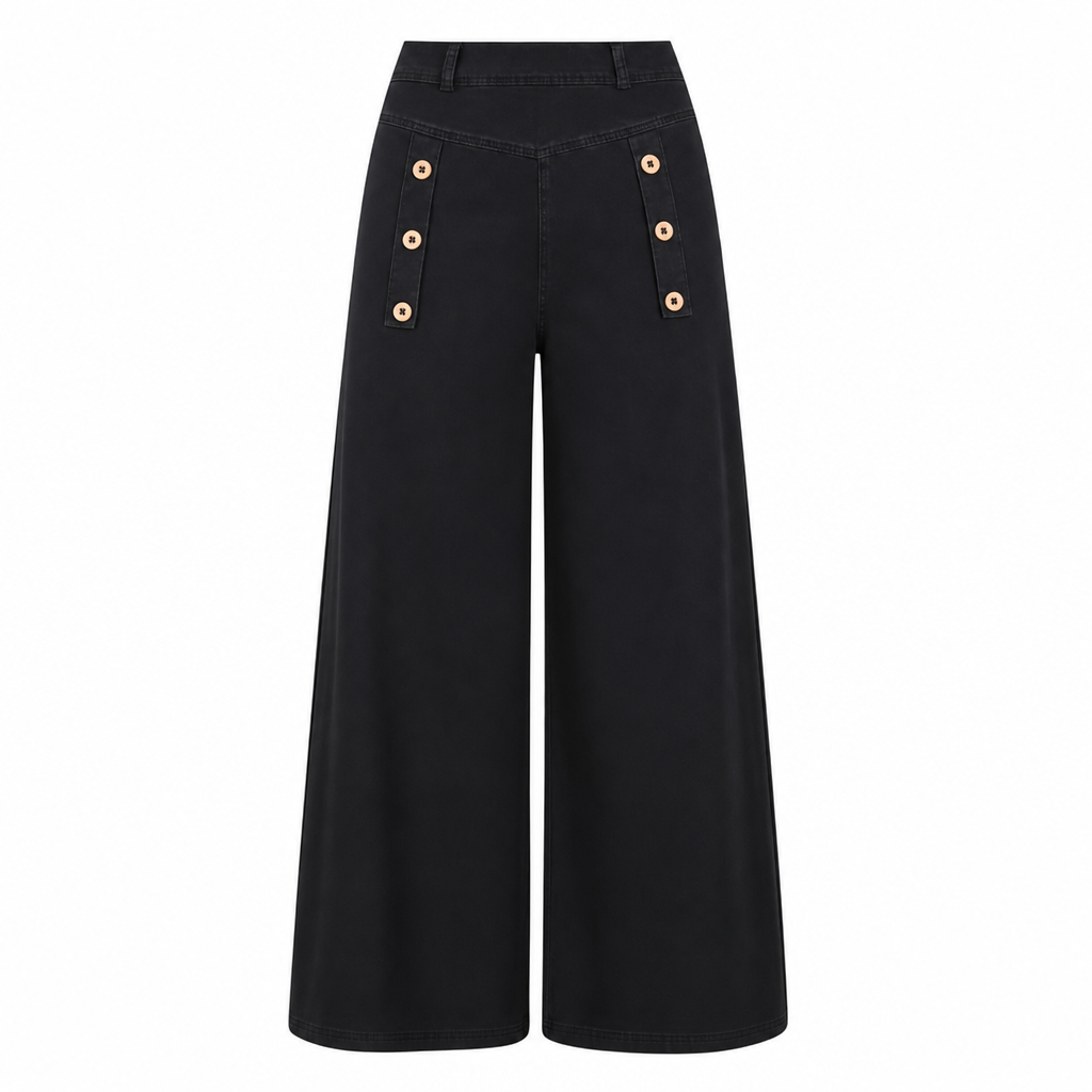 High Waisted Wide Leg Stretch Denim Jeans with Decorative Buttons
