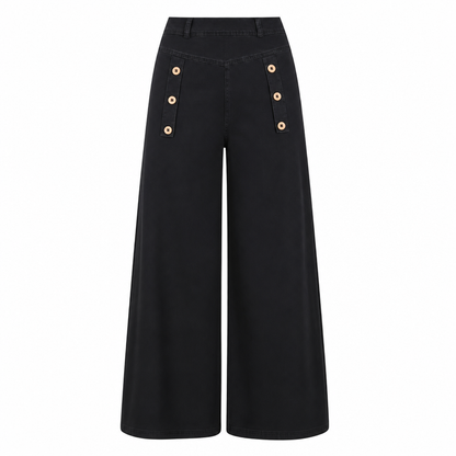 High Waisted Wide Leg Stretch Denim Jeans with Decorative Buttons