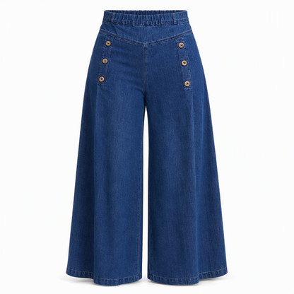 High Waisted Wide Leg Stretch Denim Jeans with Decorative Buttons