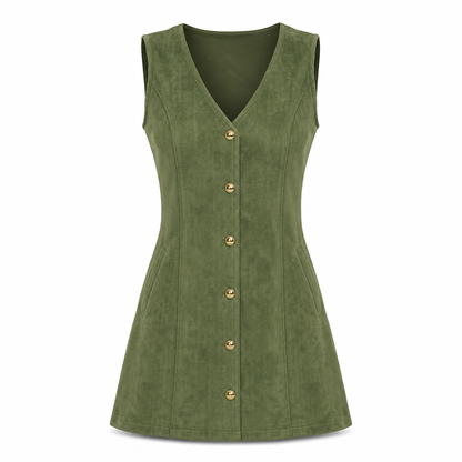 💖Black Friday Mega Deal – 50% off!💖🌸Classic Faux Suede V Neck Button Front Sleeveless Pinafore Dress