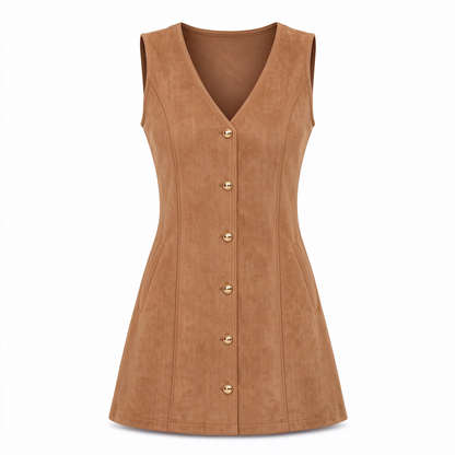 💖Black Friday Mega Deal – 50% off!💖🌸Classic Faux Suede V Neck Button Front Sleeveless Pinafore Dress