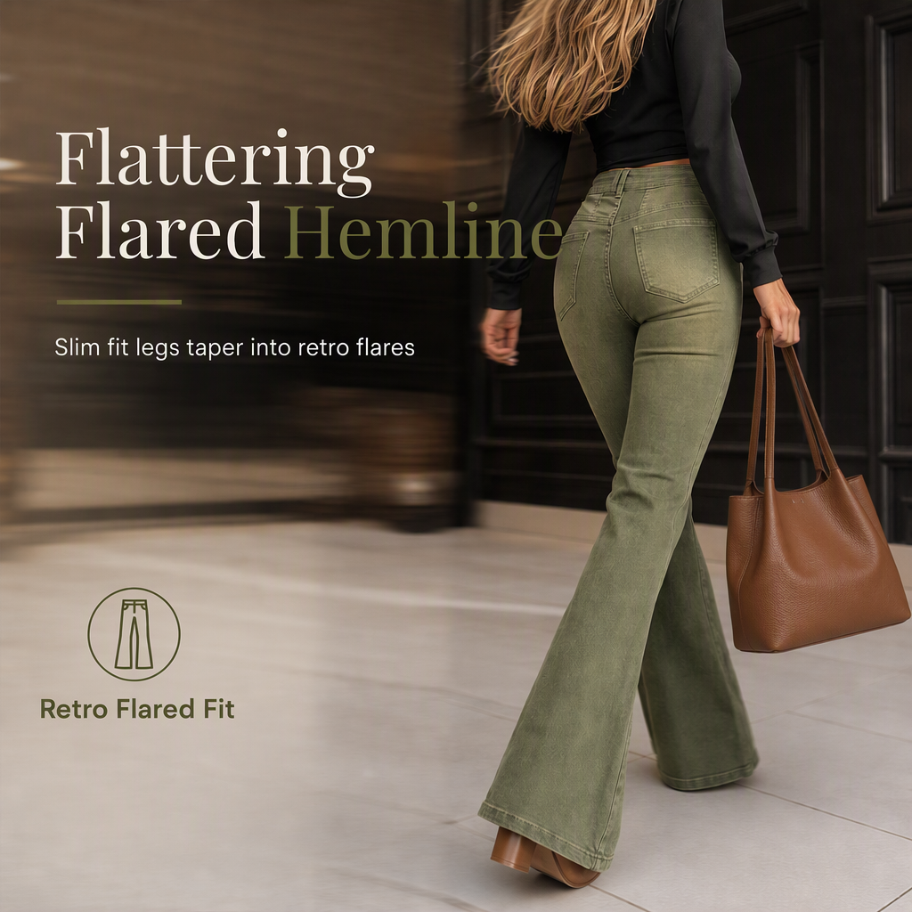 🖤Black Friday Sale:50% OFF🖤 Women's Olive Green High-Waisted Multi-Button Flare Jeans with Vertical Front Seams