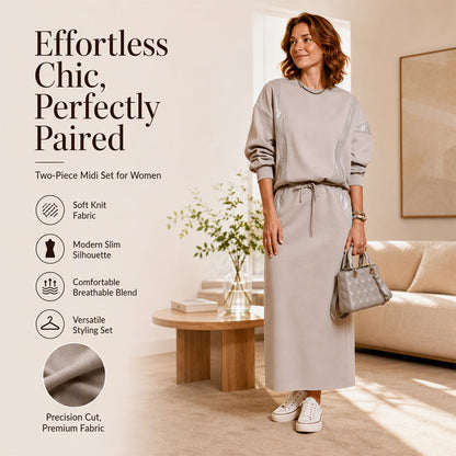 Women's Long-Sleeve Top & Drawstring Midi Skirt 2-Piece Set