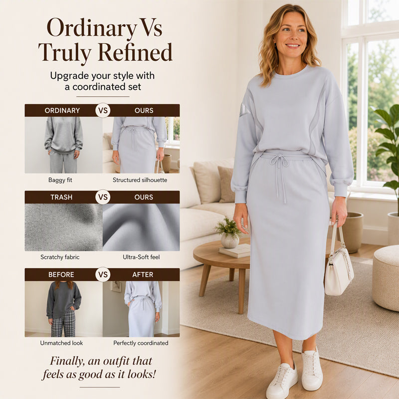 Women's Long-Sleeve Top & Drawstring Midi Skirt 2-Piece Set