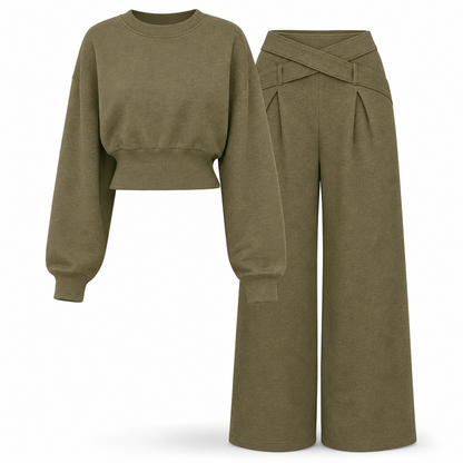 Casual Sporty Autumn Winter Long Sleeve T-Shirt and Loose Cross Waist Wide Leg Pants Two Piece Set
