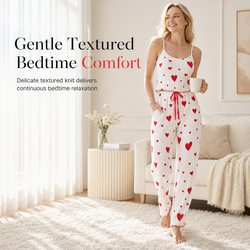 💌 50% OFF – Women’s Heart Print Ribbed Pyjama Set – Cami Top & Relaxed Long Pants