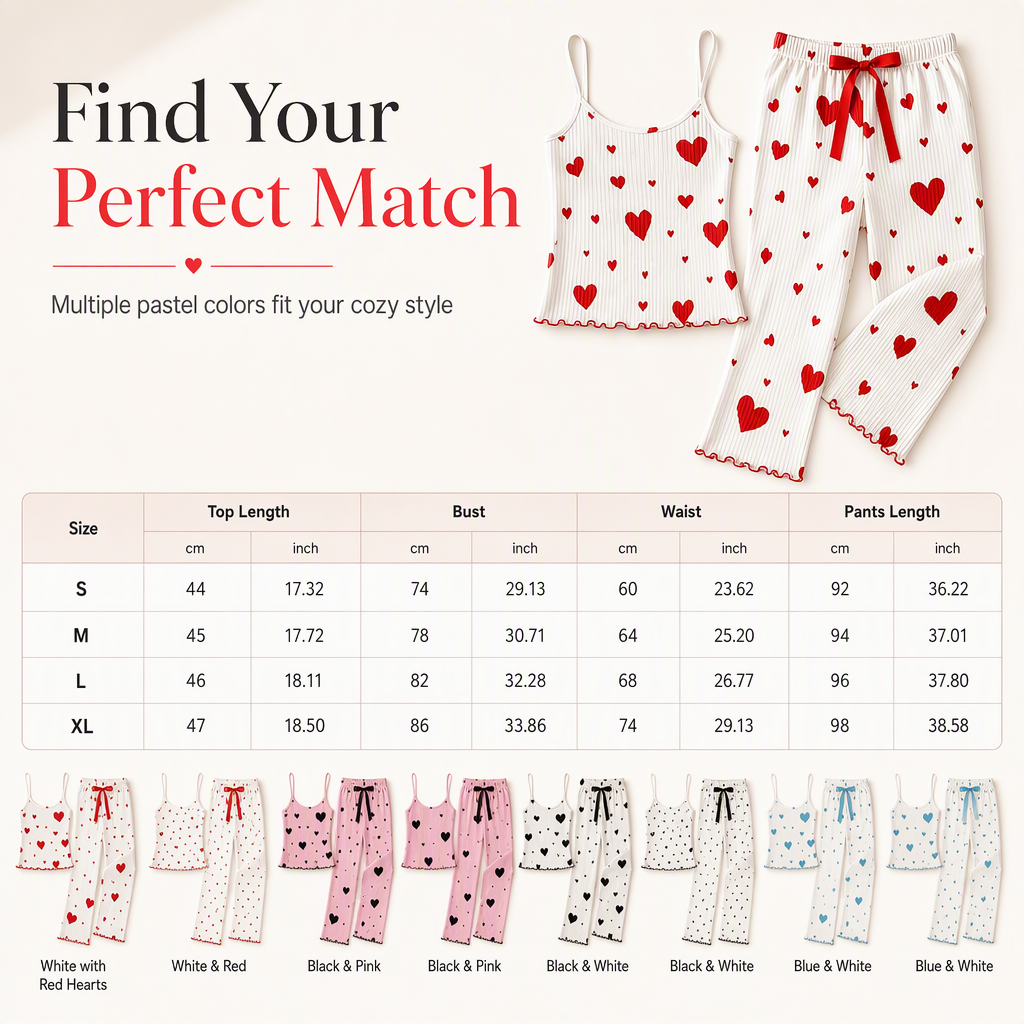 💌 50% OFF – Women’s Heart Print Ribbed Pyjama Set – Cami Top & Relaxed Long Pants