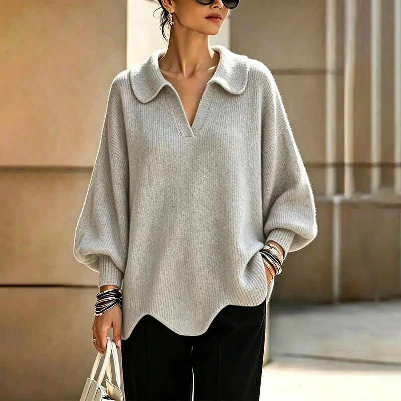 Women's Elegant V-Neck Sweater with Lantern Sleeves