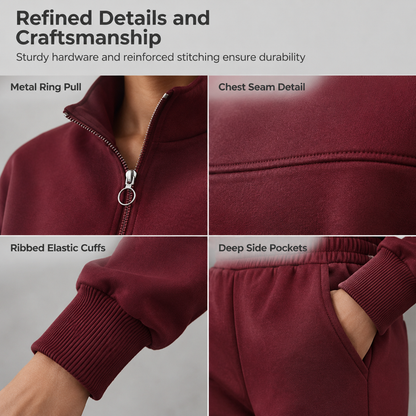 Casual Two Piece Pants Set Solid Color Zip Lapel Collar Top and Long Trousers Outfit for Autumn and Winter