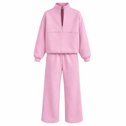Casual Two Piece Pants Set Solid Color Zip Lapel Collar Top and Long Trousers Outfit for Autumn and Winter