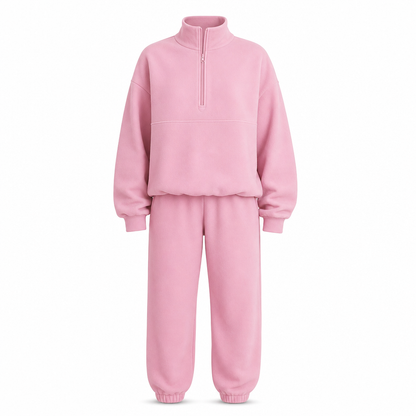Casual Two Piece Pants Set Solid Color Zip Lapel Collar Top and Long Trousers Outfit for Autumn and Winter