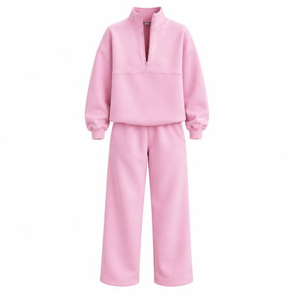 Casual Two Piece Pants Set Solid Color Zip Lapel Collar Top and Long Trousers Outfit for Autumn and Winter
