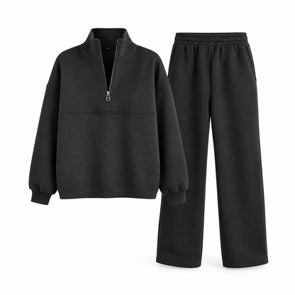 Casual Two Piece Pants Set Solid Color Zip Lapel Collar Top and Long Trousers Outfit for Autumn and Winter