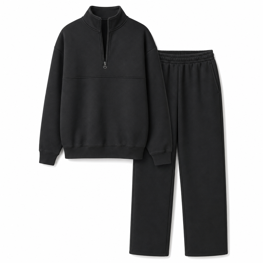 Casual Two Piece Pants Set Solid Color Zip Lapel Collar Top and Long Trousers Outfit for Autumn and Winter