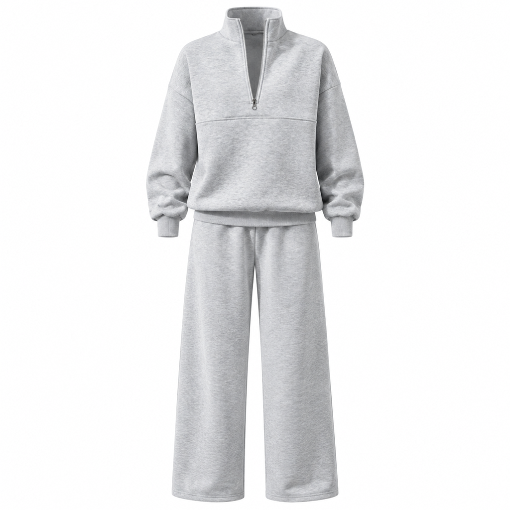 Casual Two Piece Pants Set Solid Color Zip Lapel Collar Top and Long Trousers Outfit for Autumn and Winter