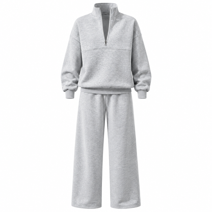 Casual Two Piece Pants Set Solid Color Zip Lapel Collar Top and Long Trousers Outfit for Autumn and Winter