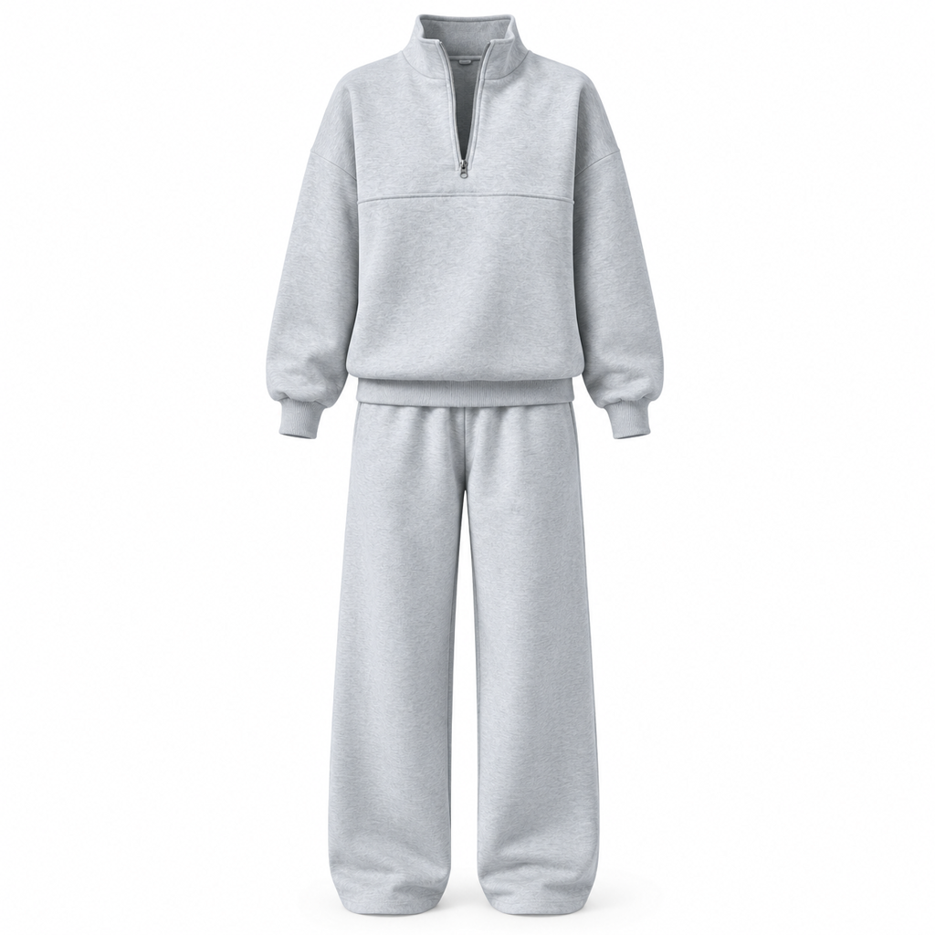 Casual Two Piece Pants Set Solid Color Zip Lapel Collar Top and Long Trousers Outfit for Autumn and Winter