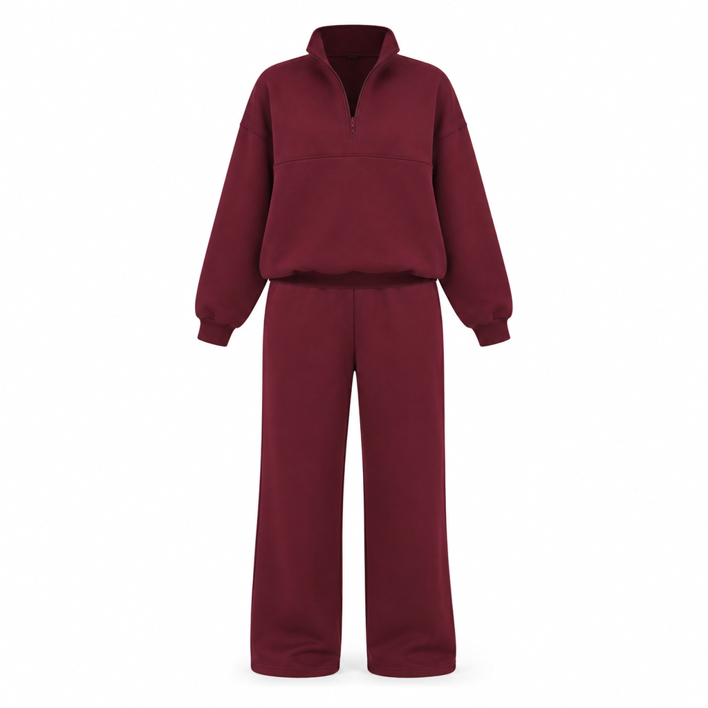 Casual Two Piece Pants Set Solid Color Zip Lapel Collar Top and Long Trousers Outfit for Autumn and Winter