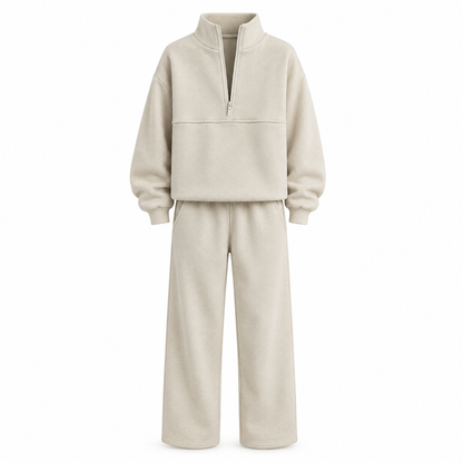 Casual Two Piece Pants Set Solid Color Zip Lapel Collar Top and Long Trousers Outfit for Autumn and Winter