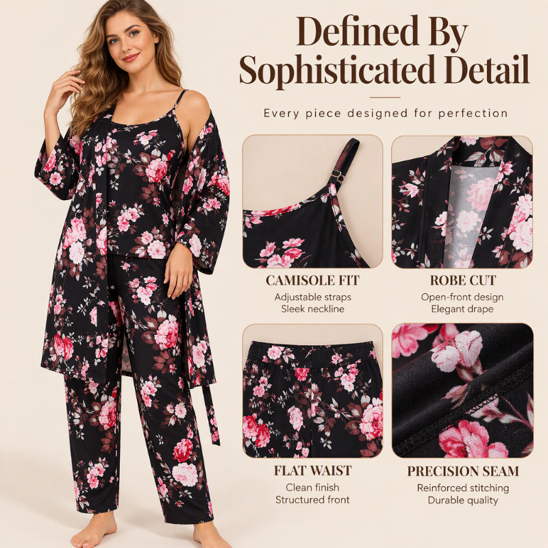 🌸Women's Elegant Floral 3-Piece Pajama Set – Soft, Feminine, Perfect for Lounging & Sleep