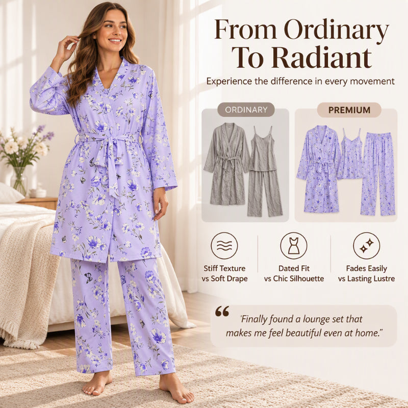 🌸Women's Elegant Floral 3-Piece Pajama Set – Soft, Feminine, Perfect for Lounging & Sleep