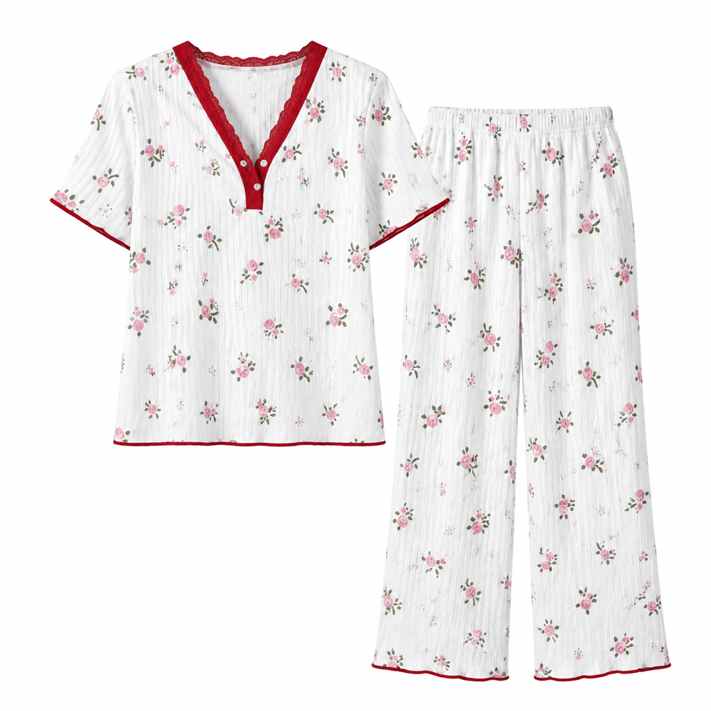 Women's Printed Pajama Set Short Sleeve Top and Long Pants Comfortable Stretchy Loungewear